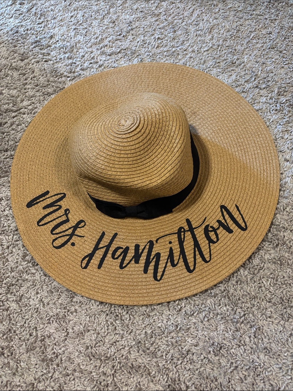 Personalized Wide Brim Straw Sun Hat - "Mrs. Hamilton" - Natural with Black Trim